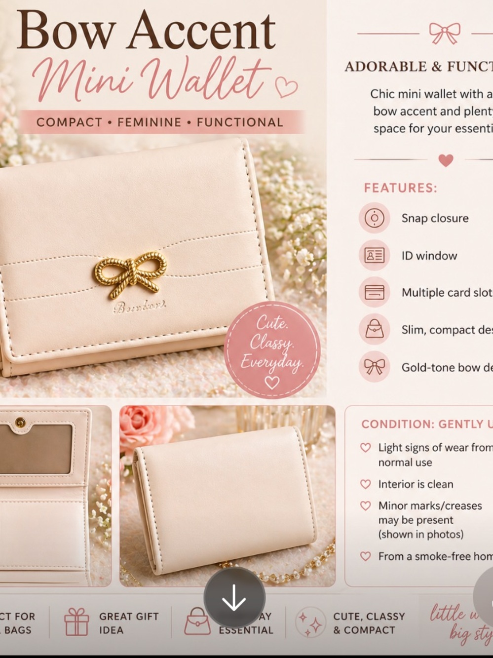 Bow Accent Mini Wallet - Cream